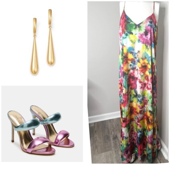 NICOLE MILLER WATERCOLOR SATIN MAXI DRESS-PRELOVED-XL - Picture 2 of 13